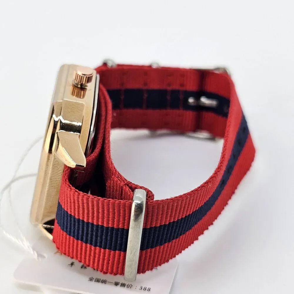 Men's Watch‎ 42MM Black Dial Gold Case Date Indicator Red Blue Canvas Band Strap